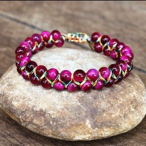6mm Rose Red Tiger Eye Stone Beads Braided Bracelet Double layer Women Bracelet